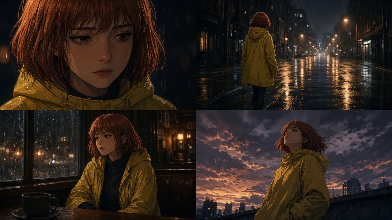 Illustration: one character shown across several film frames, illustration, not actual model output