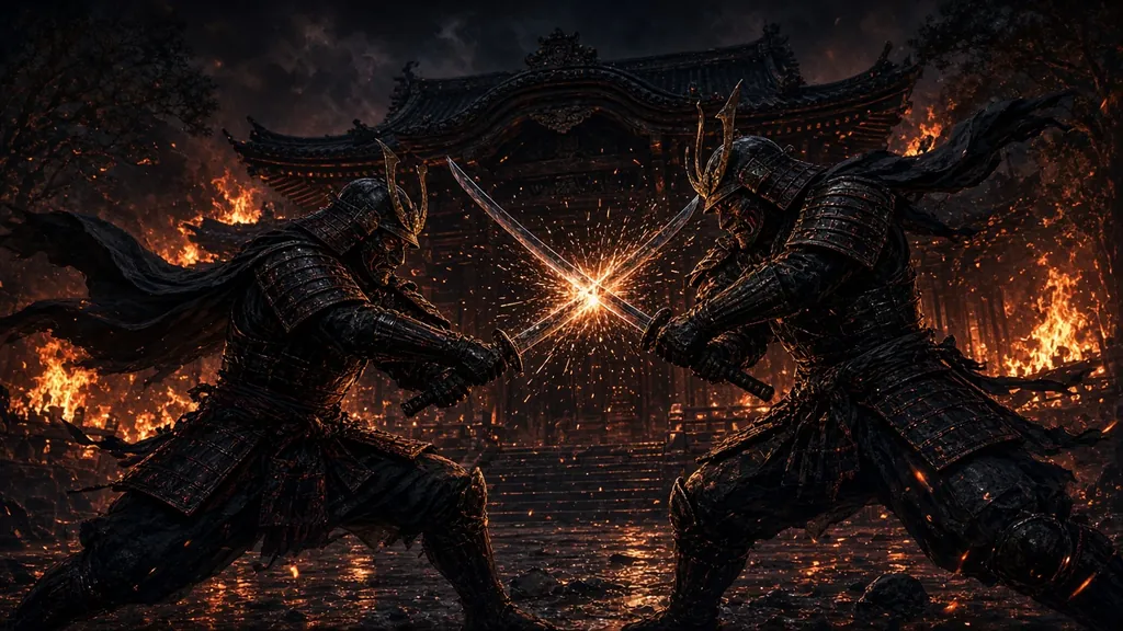 Dark-fantasy samurai fight with locked characters (Seedance 2.0) illustration