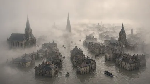 Descending drone shot over a flooded city (Veo)