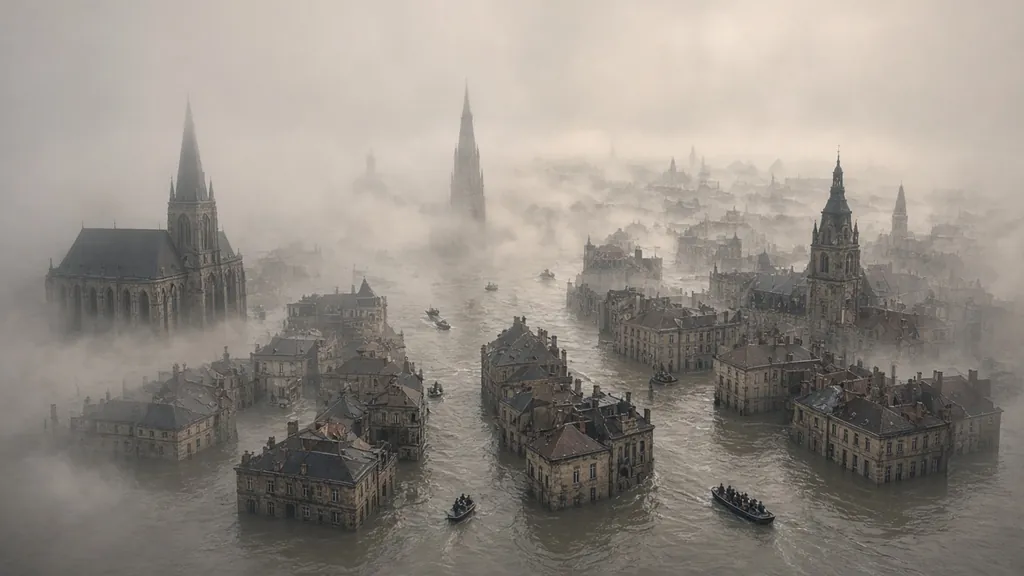 Descending drone shot over a flooded city (Veo) illustration