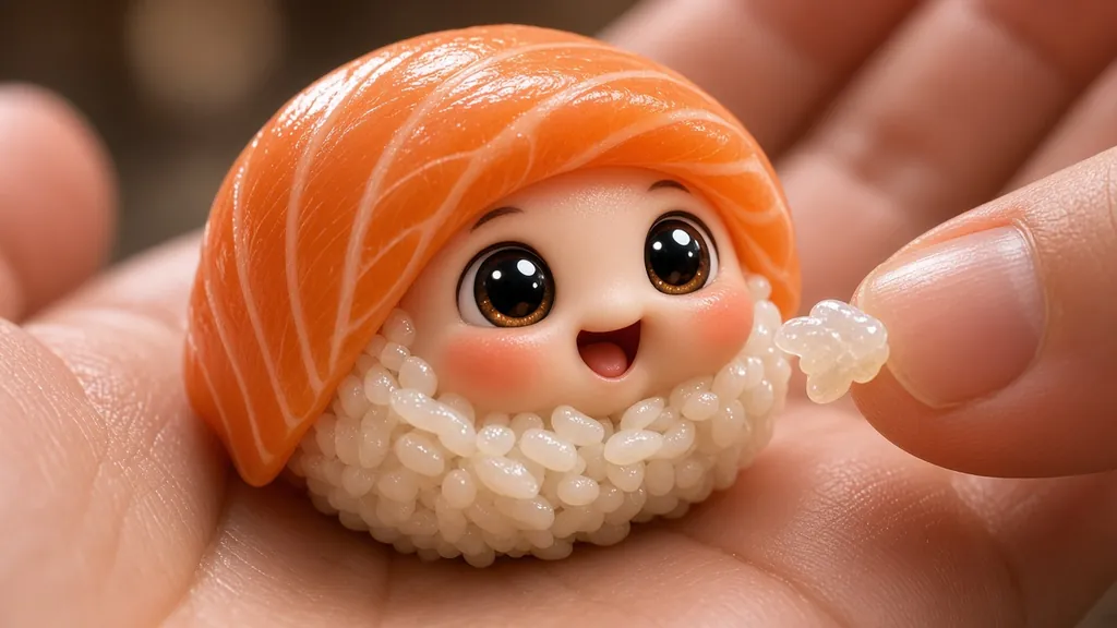 Extreme close-up miniature sushi character (Kling) illustration