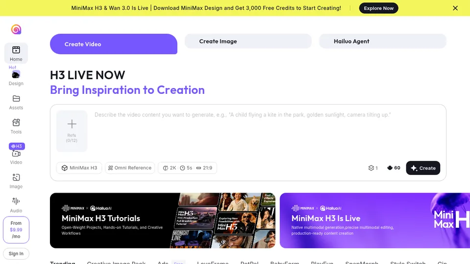 Hailuo AI consumer product site with video examples