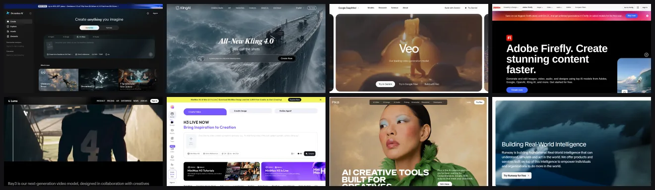 Collage of official AI video tool screenshots