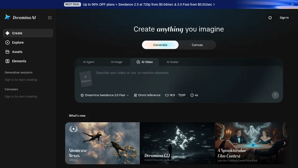 Dreamina Seedance create UI with example video frames
