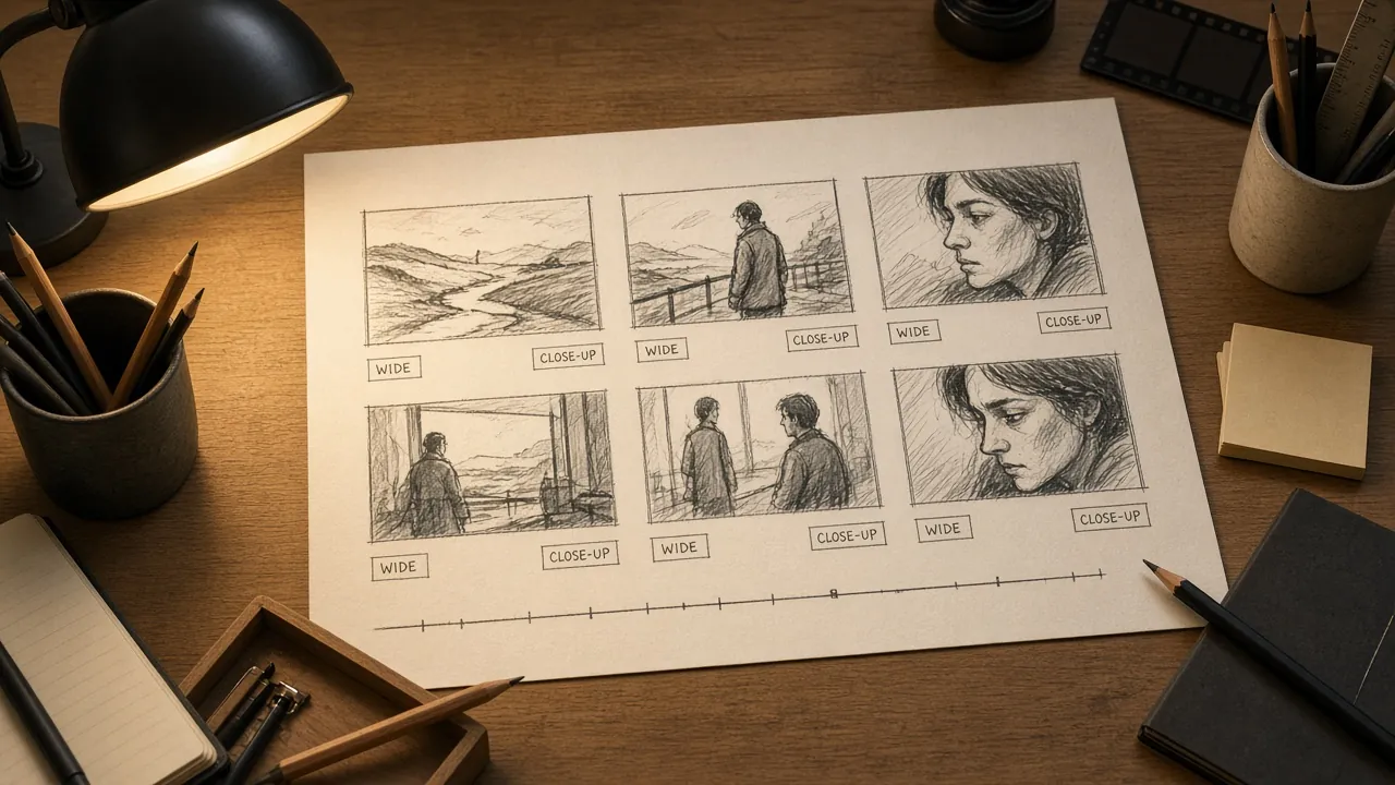 A pencil storyboard sheet on a desk under a lamp: six sketched panels of a figure in a hilly landscape, from wide views to close-ups of her face