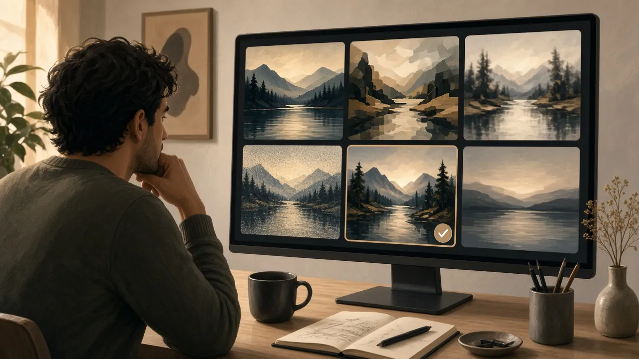 A person at a monitor comparing six versions of the same mountain-lake scene rendered in different styles, one of them ticked