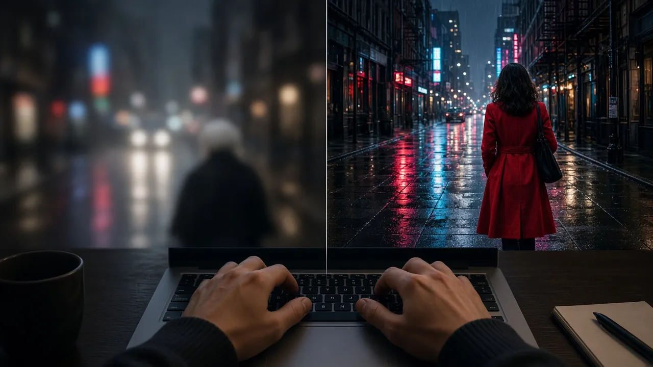 Hands typing on a laptop below a split image: on the left a blurred, vague figure on a rainy street; on the right a sharp shot of a woman in a red coat on a neon-lit wet street