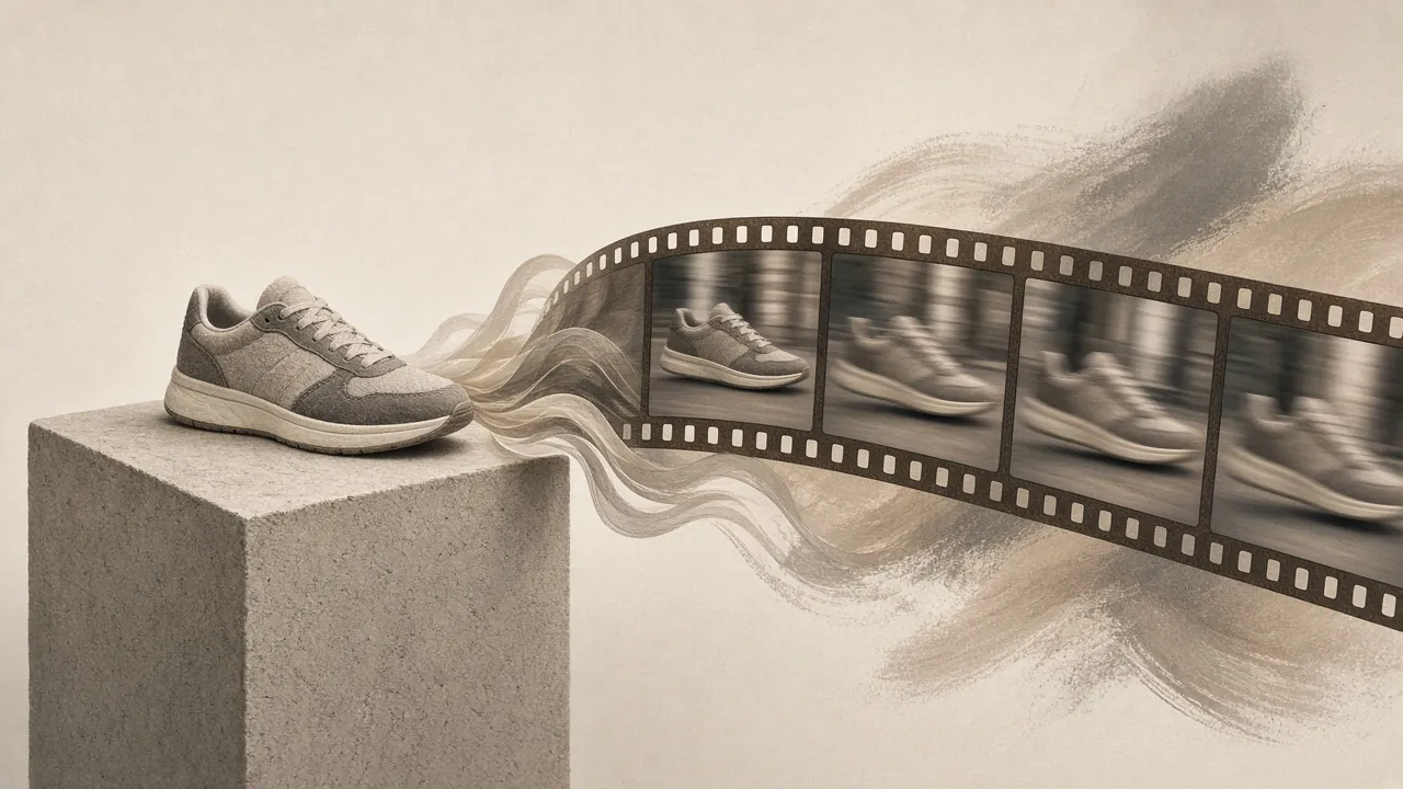 A still photo of a grey sneaker on a concrete block flowing into a film strip of motion-blurred frames of the same shoe in motion