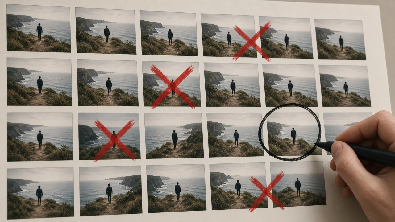 A printed contact sheet of near-identical takes of a figure on a sea cliff; several are crossed out in red and one is circled with a black marker