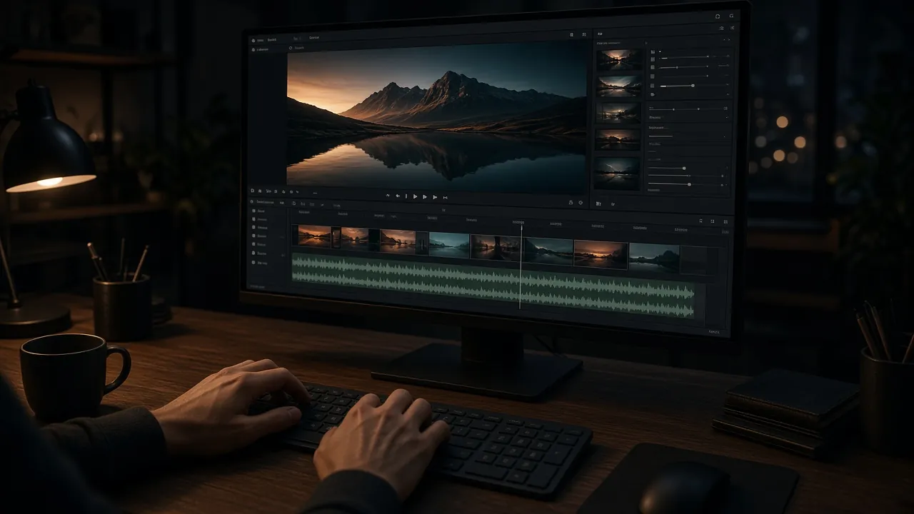 Hands on a keyboard at a dark desk, editing a mountain-lake clip; the timeline below shows a row of warm and teal clip thumbnails over a grey-green audio waveform