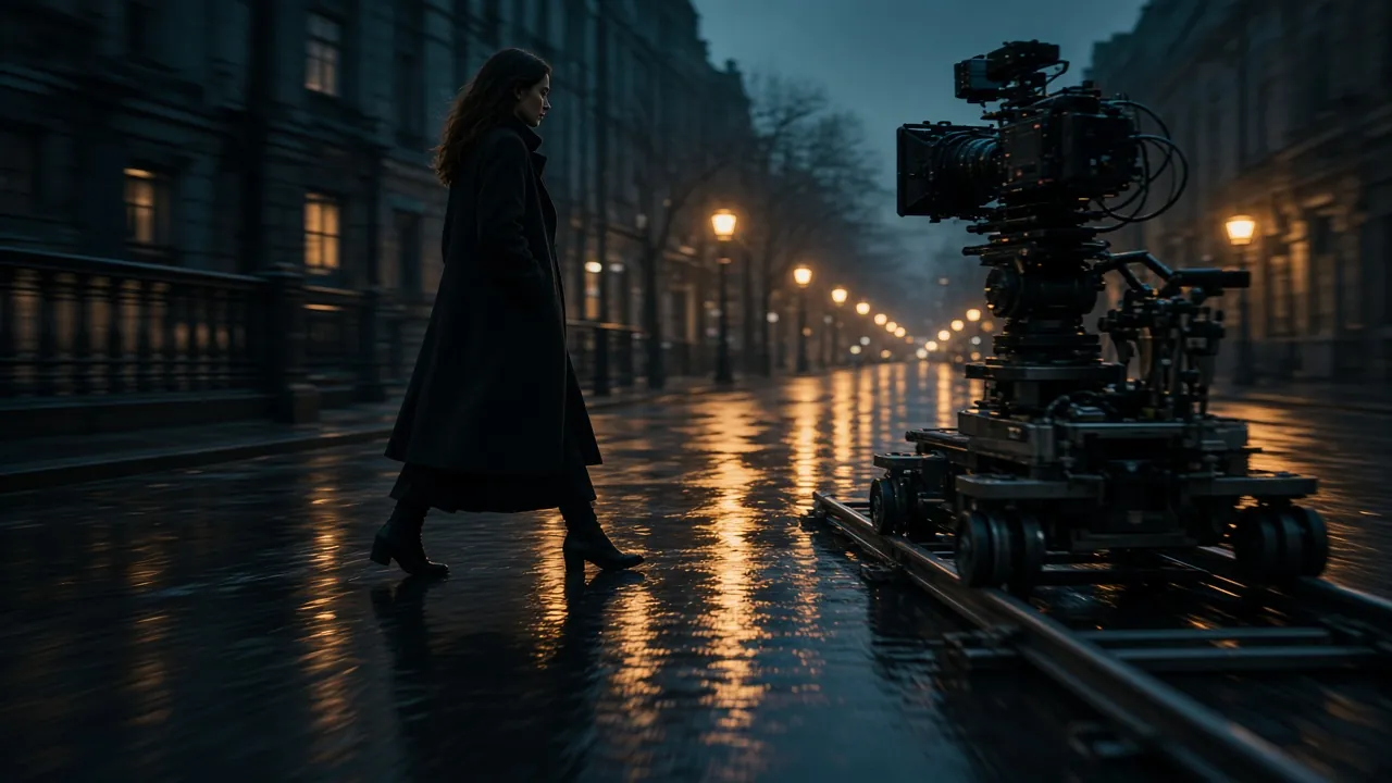 A woman in a long dark coat walking along a rain-wet street at dusk while a film camera on a dolly track moves alongside her