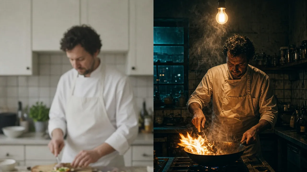 A split image: on the left a flat, brightly lit generic kitchen with a chef chopping; on the right a moody small kitchen lit by one bulb, the chef tossing a flaming pan in steam