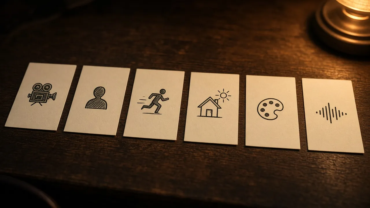 Six white index cards in a row on a dark desk, each with a simple pictogram: a camera, a person, a running figure, a house under the sun, a paint palette and a sound wave