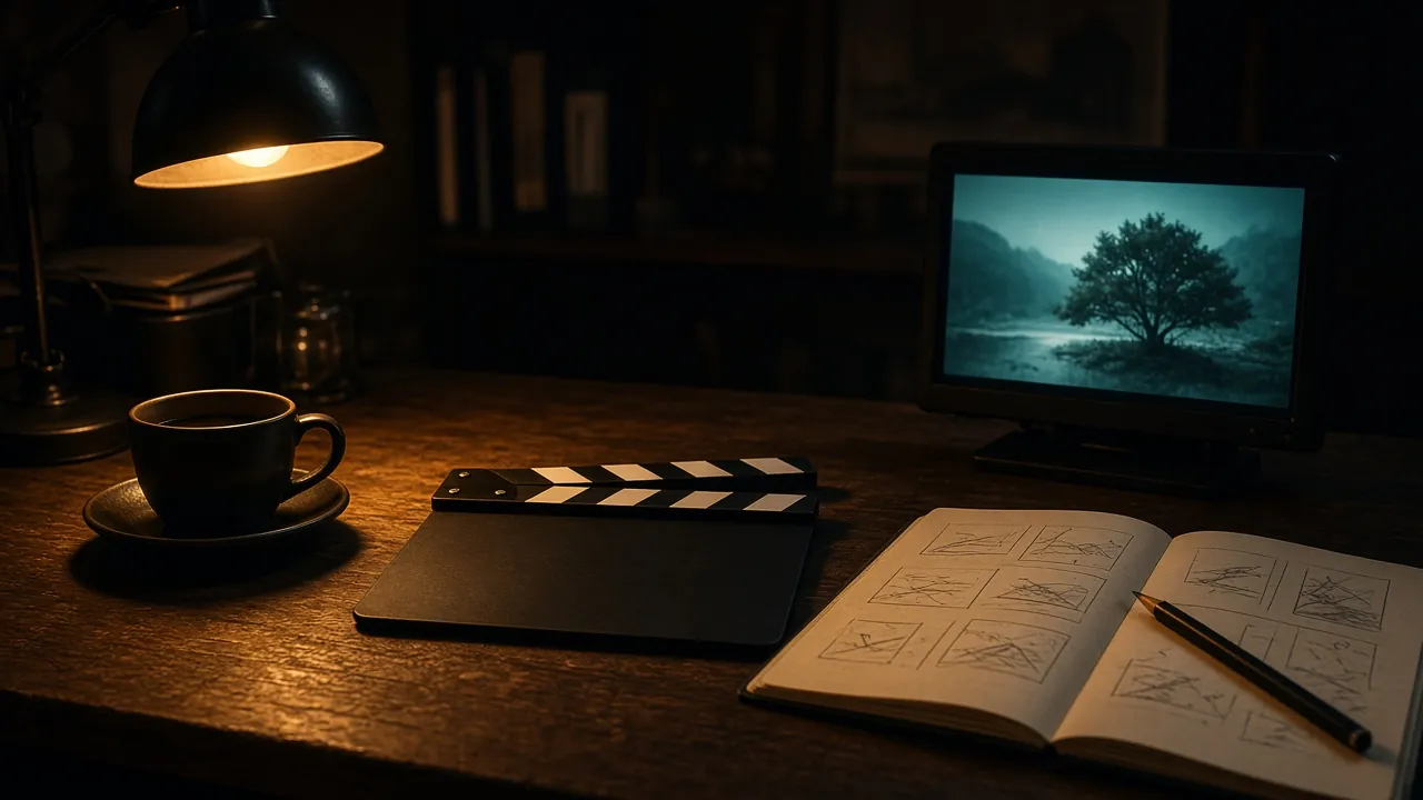 A dark director's desk at night under a warm lamp: a blank clapperboard, a small monitor showing a lone tree in mist, a coffee cup and an open sketch notebook