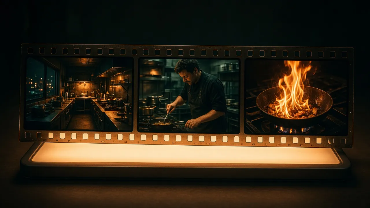A film strip on a lightbox with three frames of one kitchen scene at night: a wide view of the kitchen, a chef at the stove, and a close-up of a pan in flames