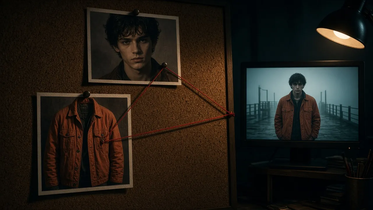 A corkboard with two reference photos, a young man's face and an orange jacket, joined by red string to a monitor showing him wearing the jacket on a foggy pier