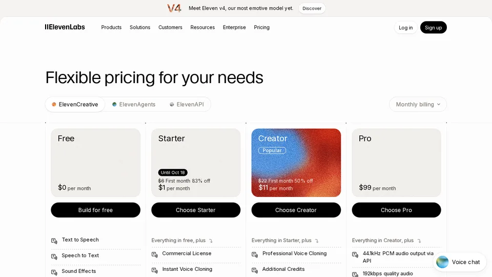 ElevenLabs pricing page