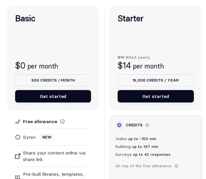 Synthesia pricing page, Basic and Starter plans